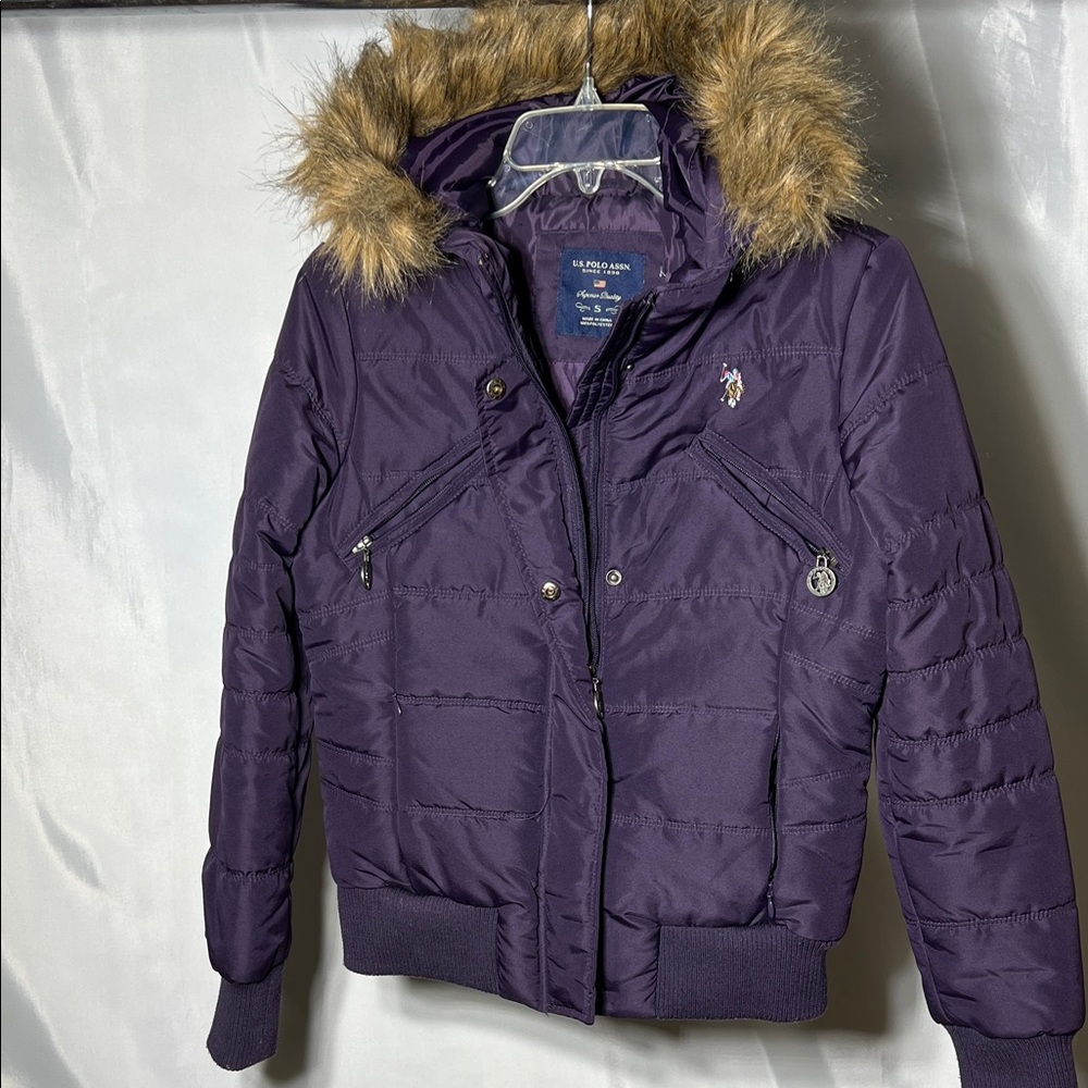 U.S. Polo Assn. Purple Puffer Jacket with Faux Fur Hood